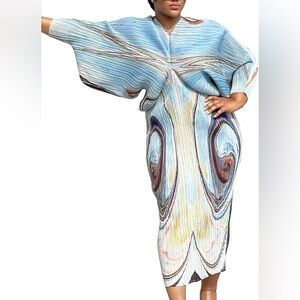 Women's Floral Print Pleated Long Dress Elegant Stretchy Flowy Ruched Midi Dress